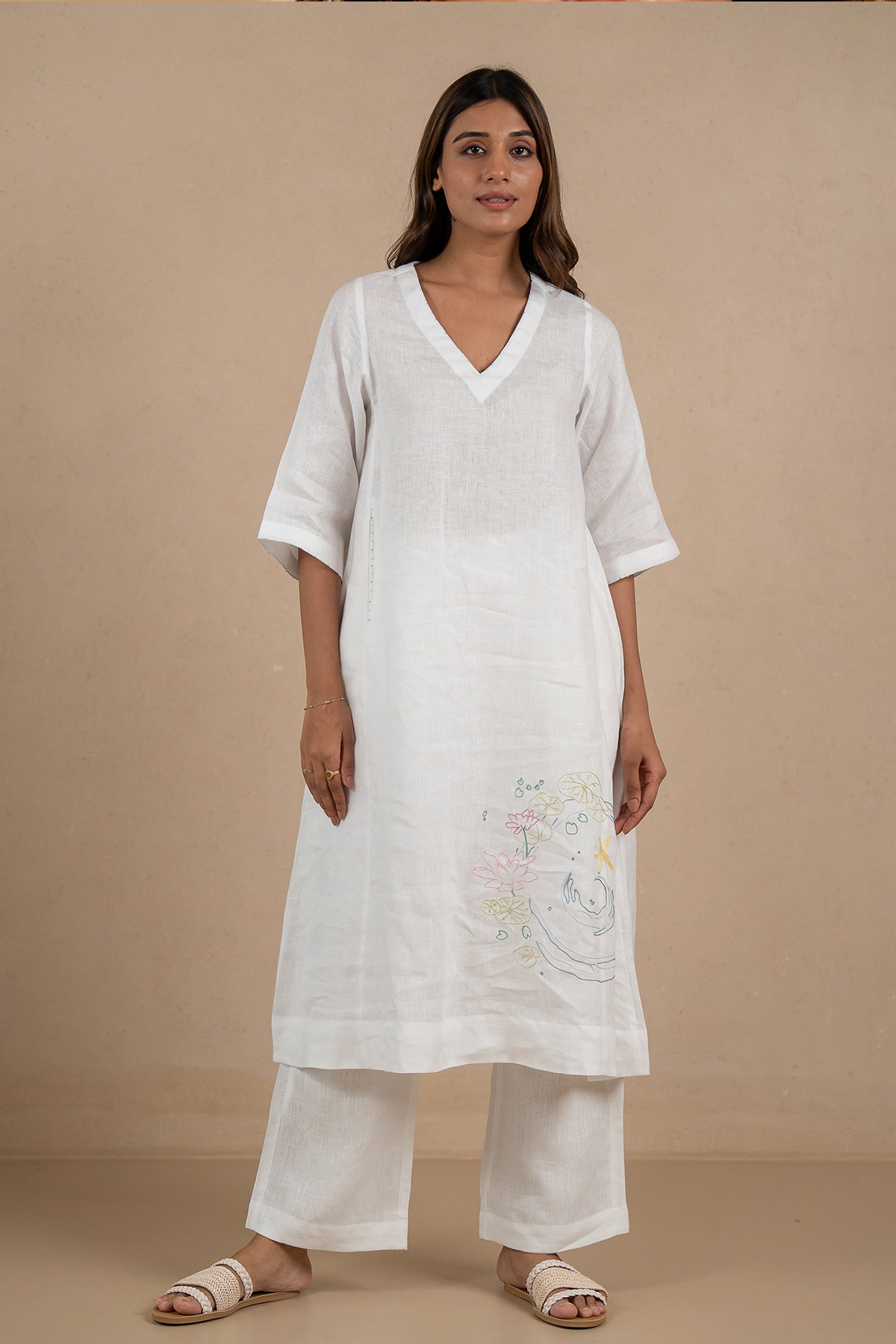 Aqua Linen V-Neck Kurta and Pant set- Marble White