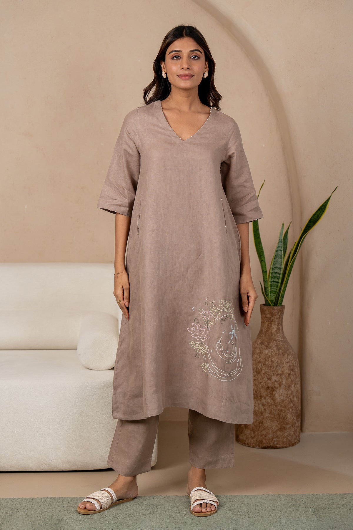 Aqua-Linen-V-Neck-Kurta-and-Pant-set-Mud-
