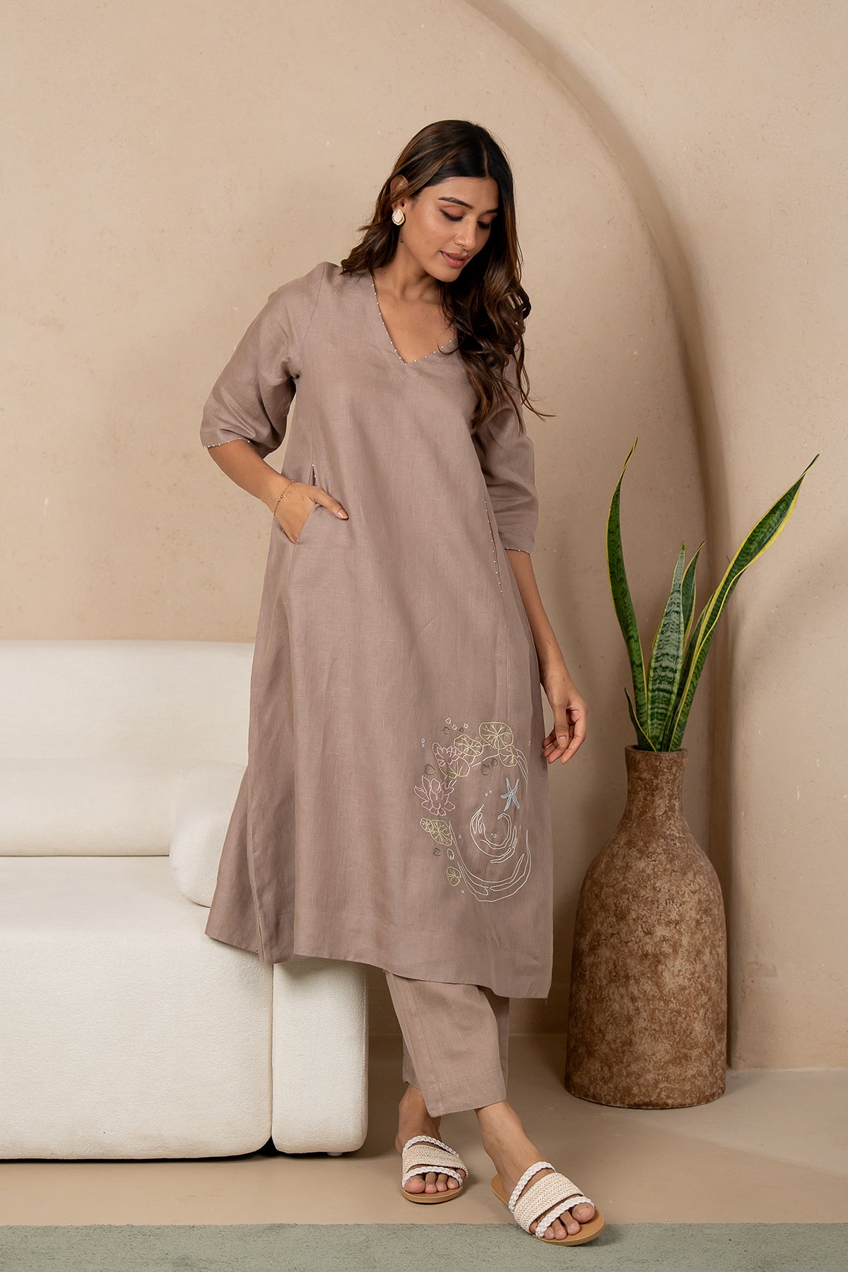 Aqua-Linen-V-Neck-Kurta-and-Pant-set-Mud-