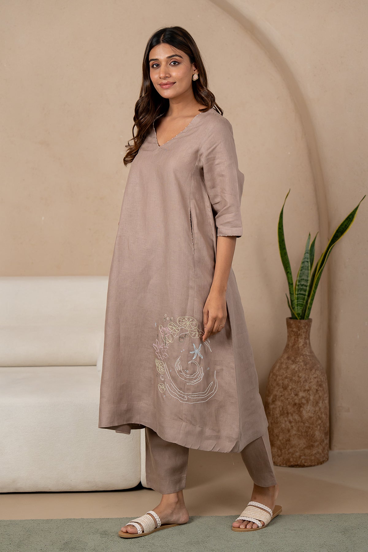 Aqua-Linen-V-Neck-Kurta-and-Pant-set-Mud-