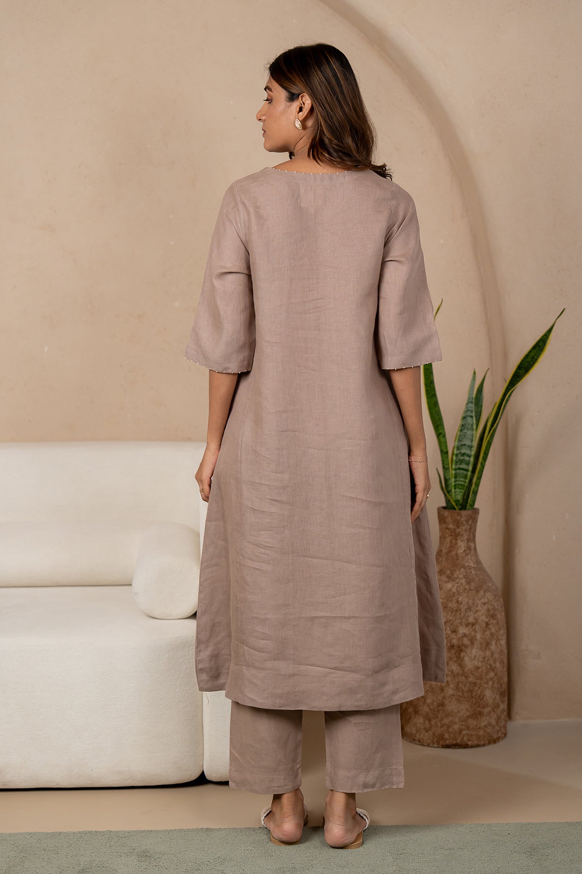 Aqua-Linen-V-Neck-Kurta-and-Pant-set-Mud-