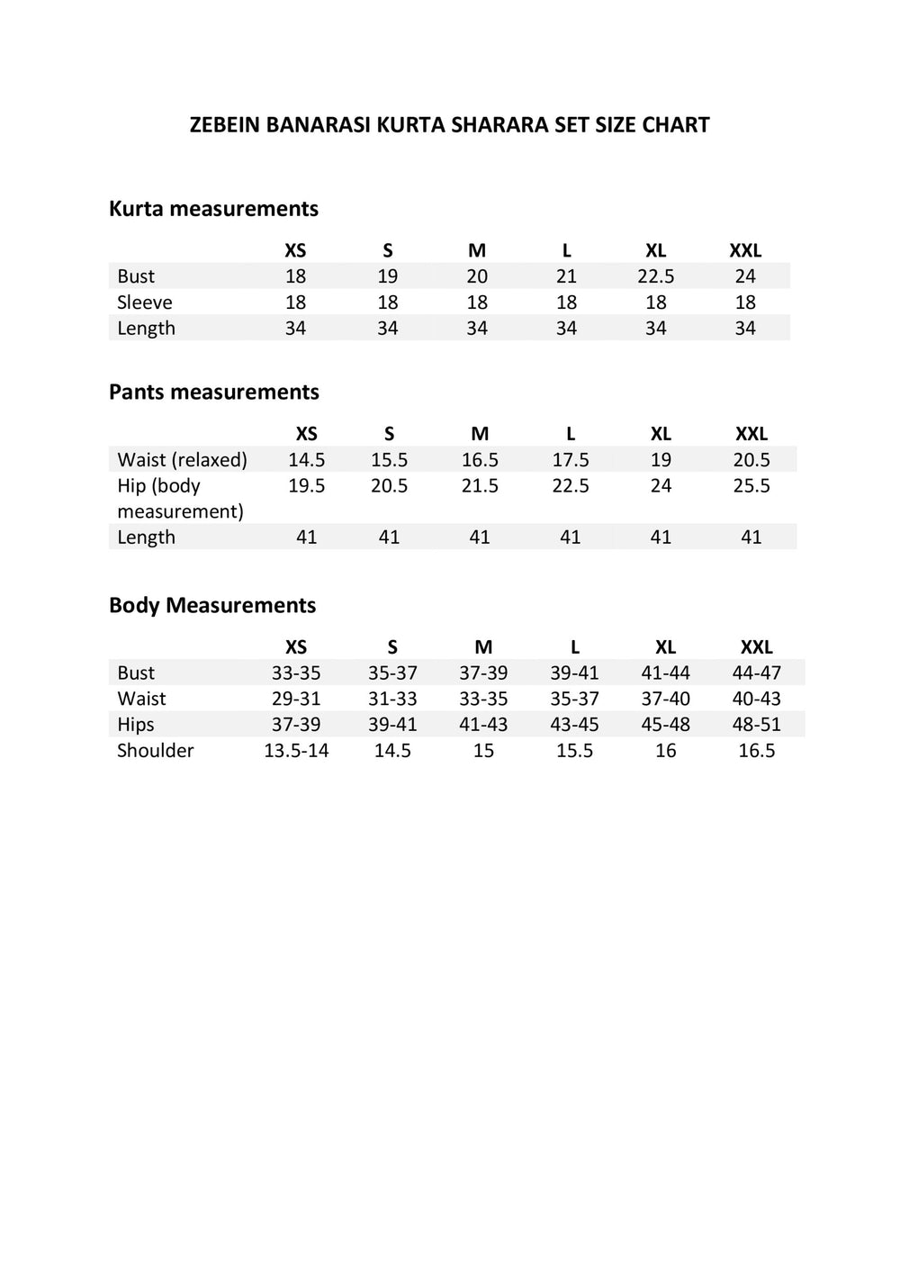 Size Chart 1