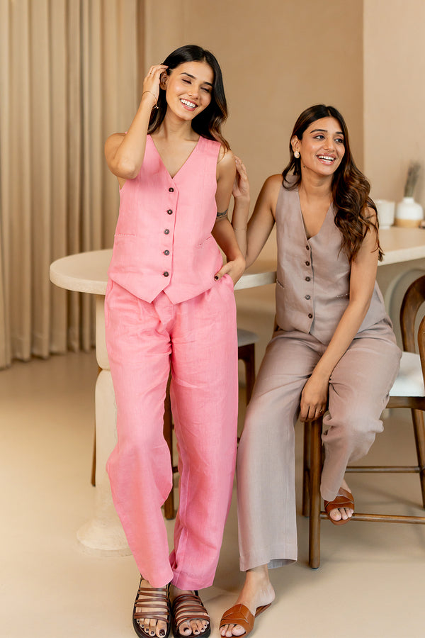 Barbara-Linen-Vest-with-welt-pockets-Flamingo-Pink-