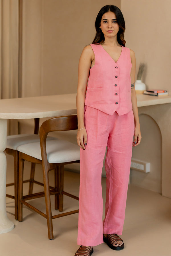 Barbara-Linen-Vest-with-welt-pockets-Flamingo-Pink-