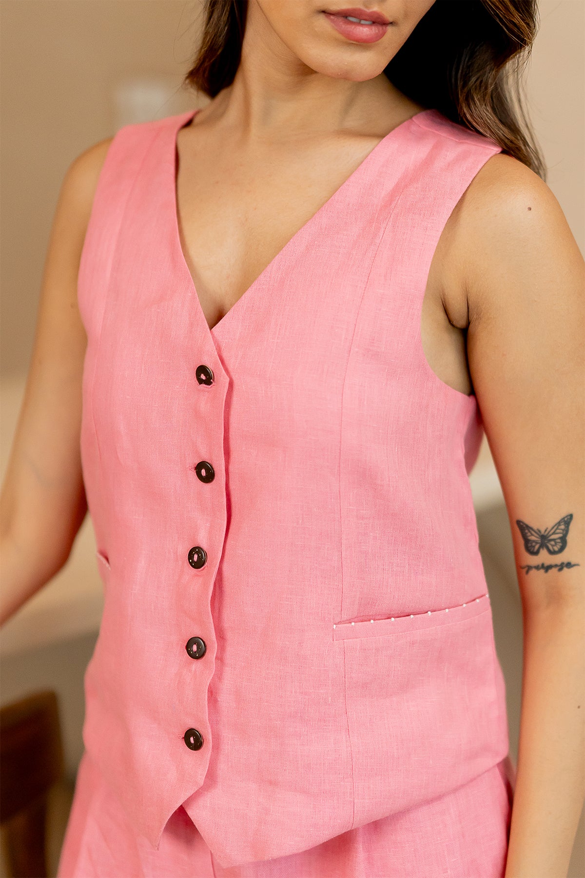 Barbara-Linen-Vest-with-welt-pockets-Flamingo-Pink-