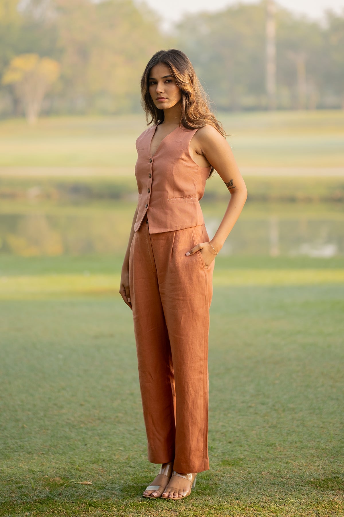 Barbara Linen Vest with welt pockets - Sand Brown
