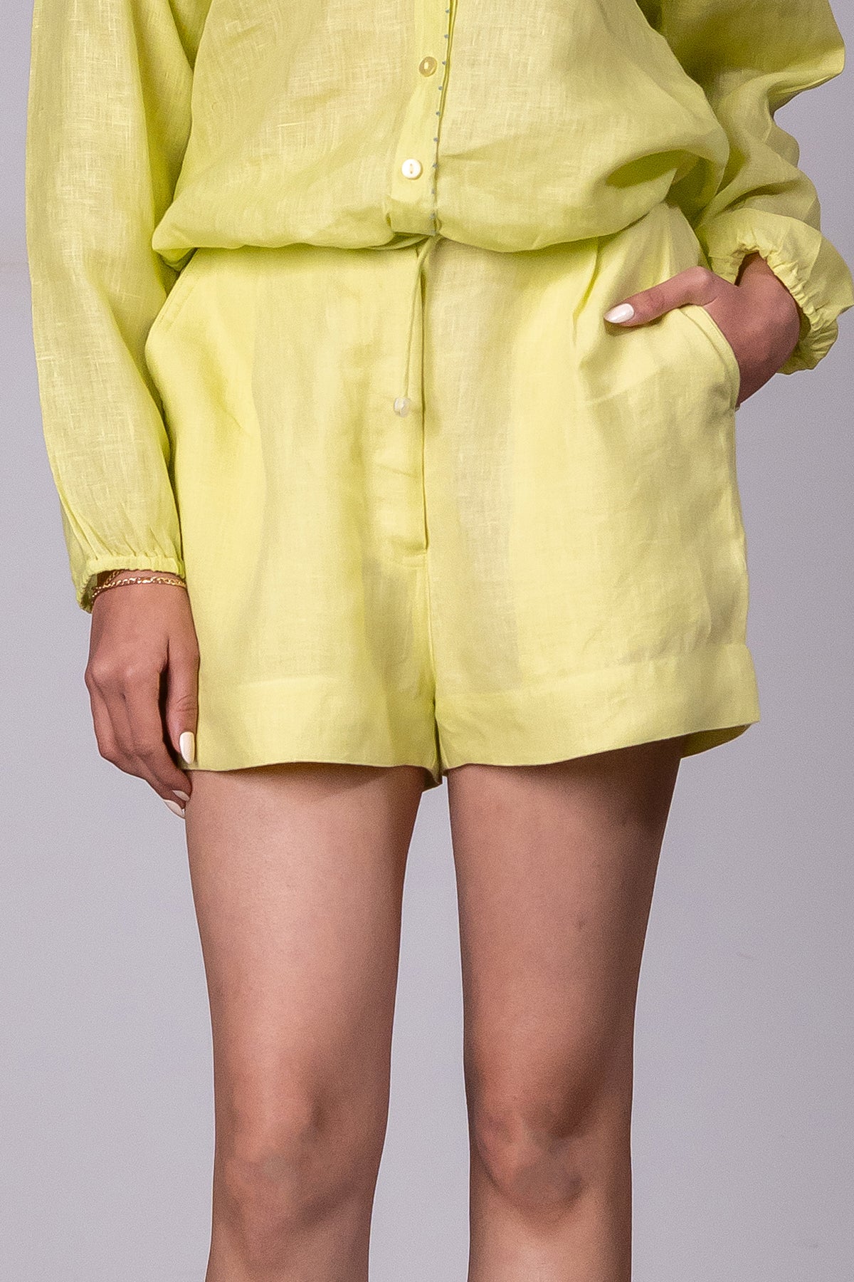Bobby Linen Zipper Shorts With Pockets – Lime