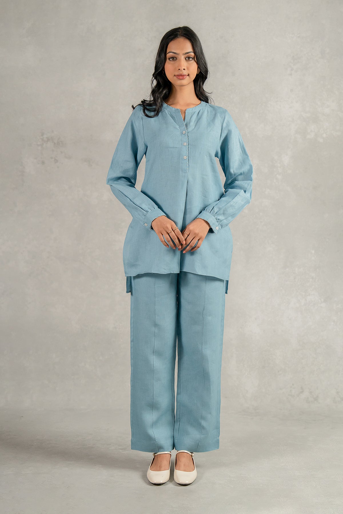 Camila Linen Top with Pockets - Icy Blue