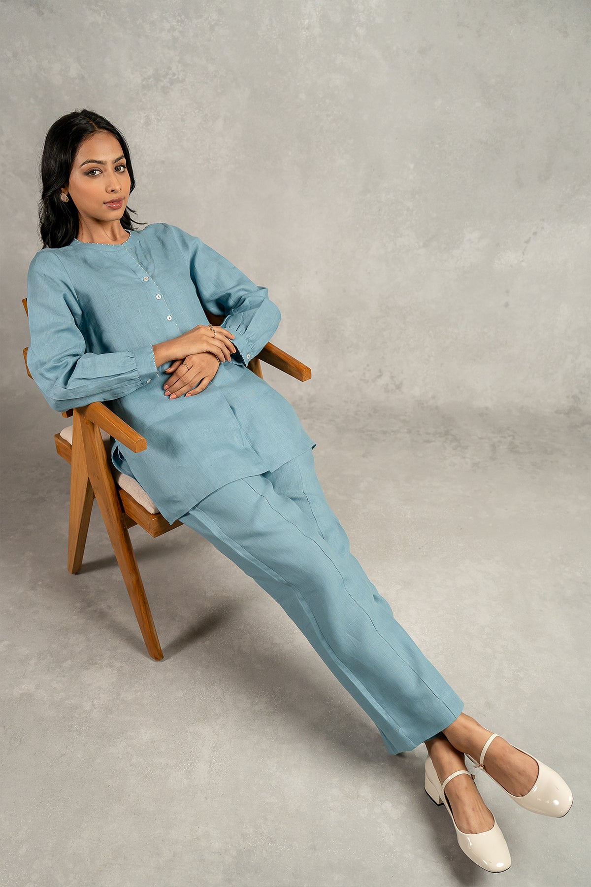 Camila Linen Top with Pockets - Icy Blue