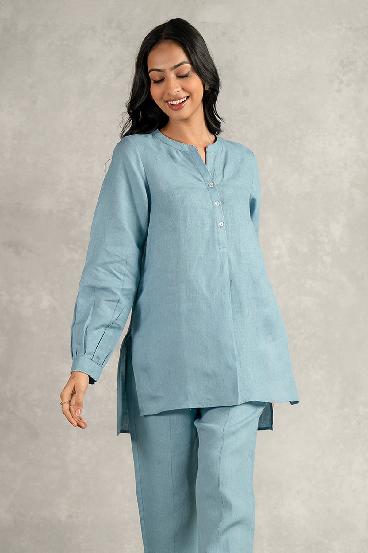 Camila Linen Top with Pockets - Icy Blue