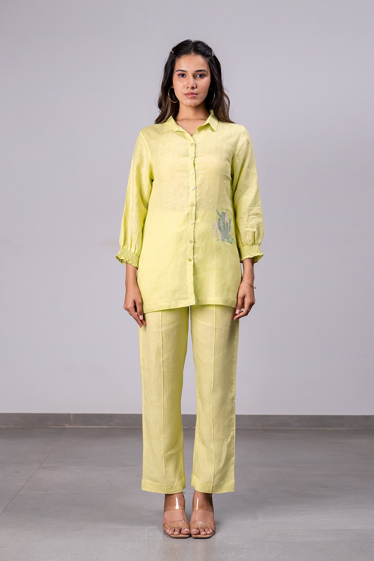 Carla Linen Bobbin Shirt with Pockets - Lime