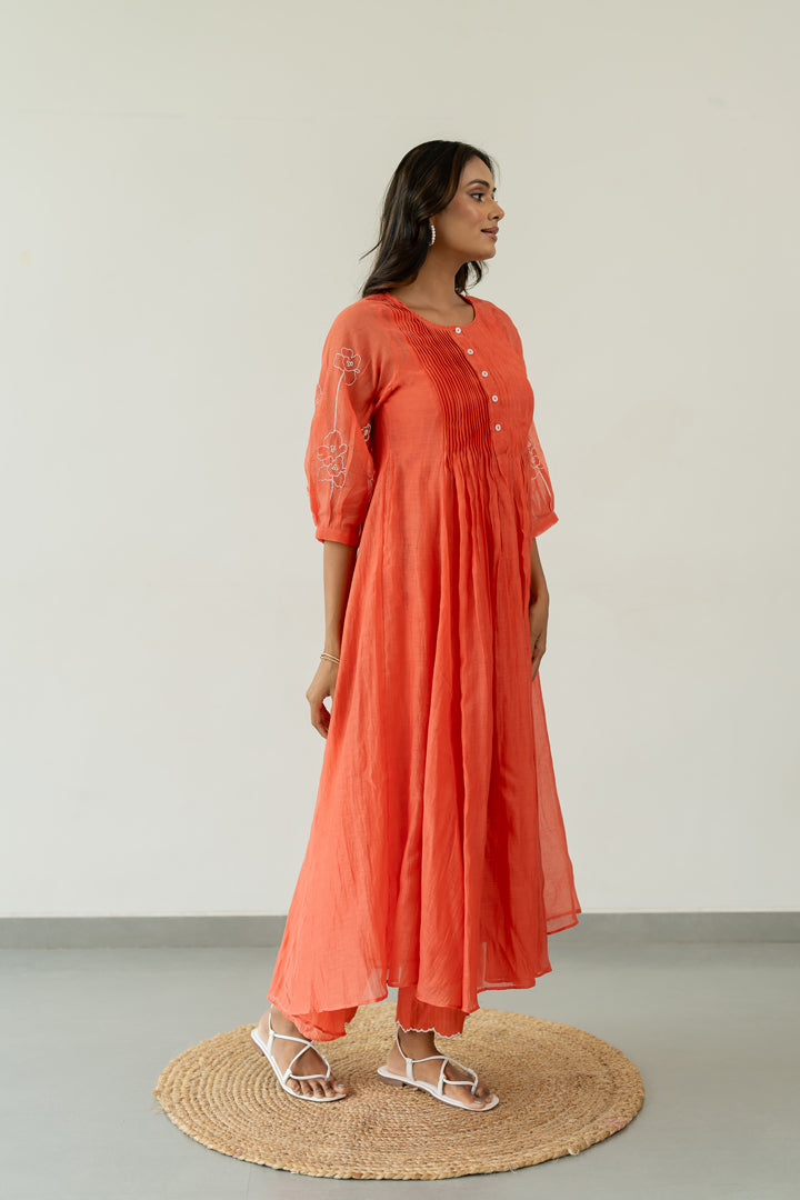 Chanderi-Pintuck-Kurta-and-Pant-Set-Apricot-