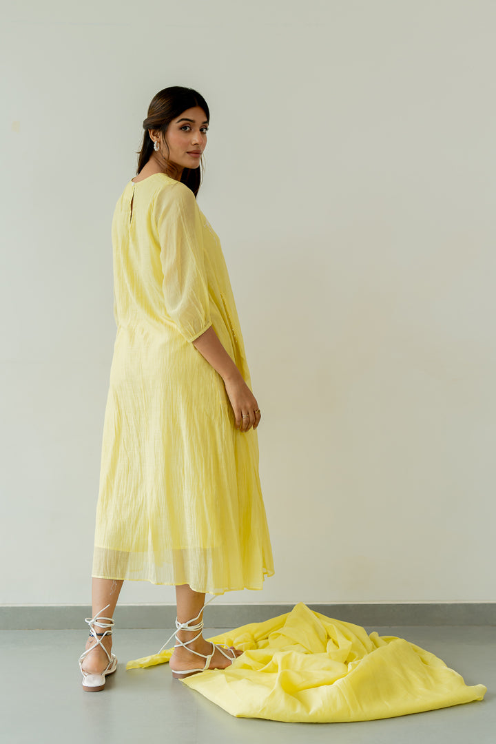 Chanderi-Side-Frill-Dress-Lemon-Yellow-