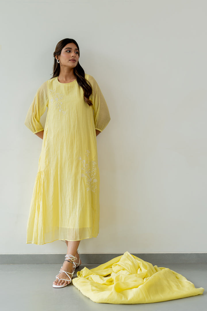 Chanderi-Side-Frill-Dress-Lemon-Yellow-