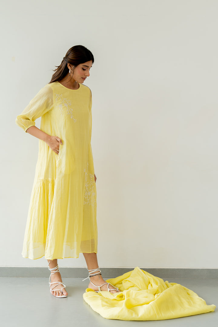 Chanderi-Side-Frill-Dress-Lemon-Yellow-