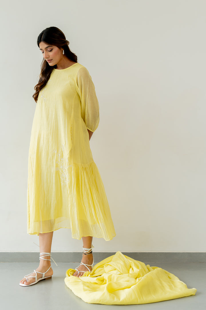 Chanderi-Side-Frill-Dress-Lemon-Yellow-