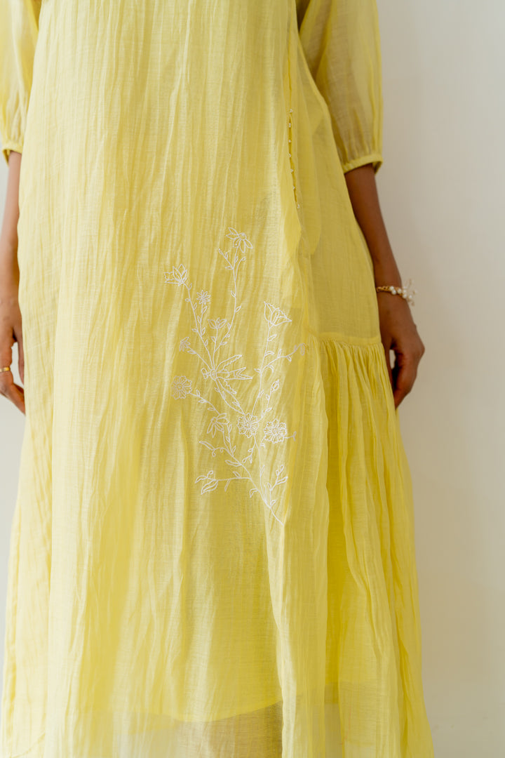 Chanderi-Side-Frill-Dress-Lemon-Yellow-