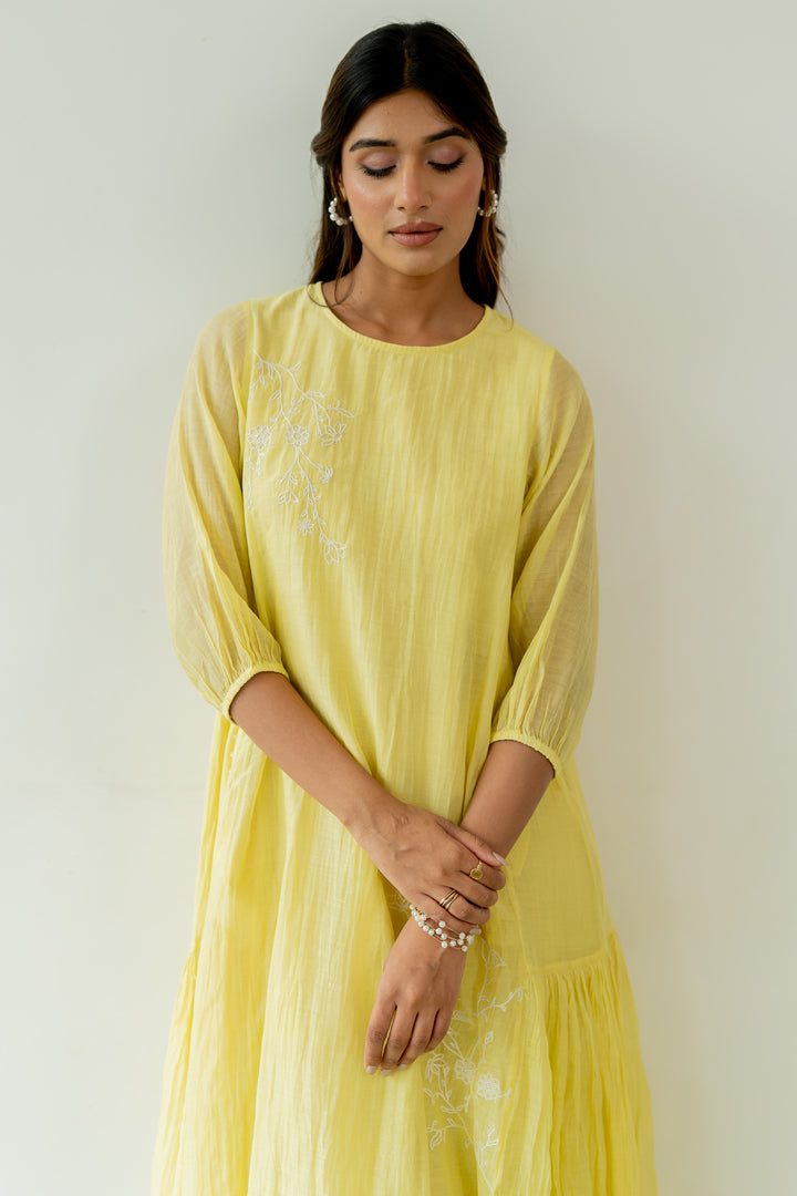 Chanderi-Side-Frill-Dress-Lemon-Yellow-