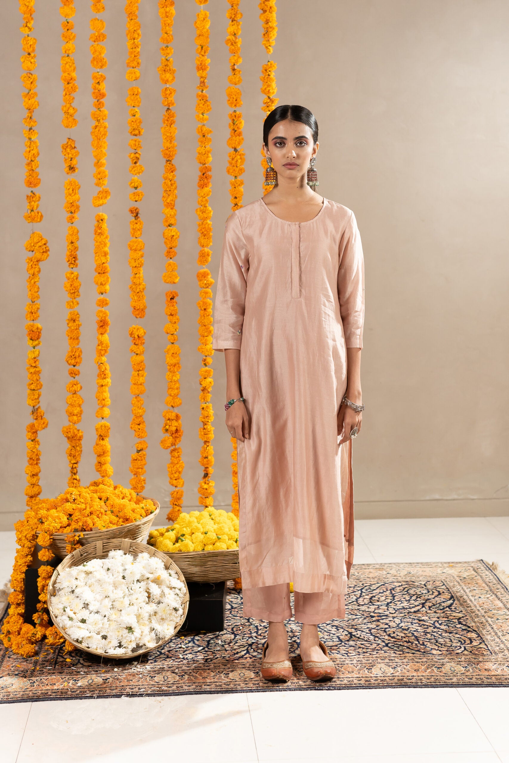 Vaani Chanderi Straight Kurta With Pants - Biscuit Beige