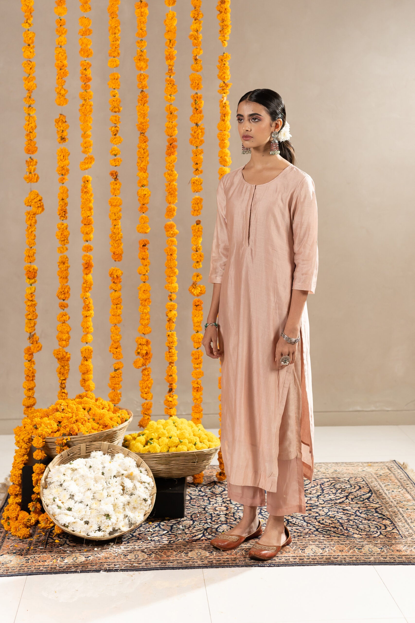 Vaani Chanderi Straight Kurta With Pants - Biscuit Beige