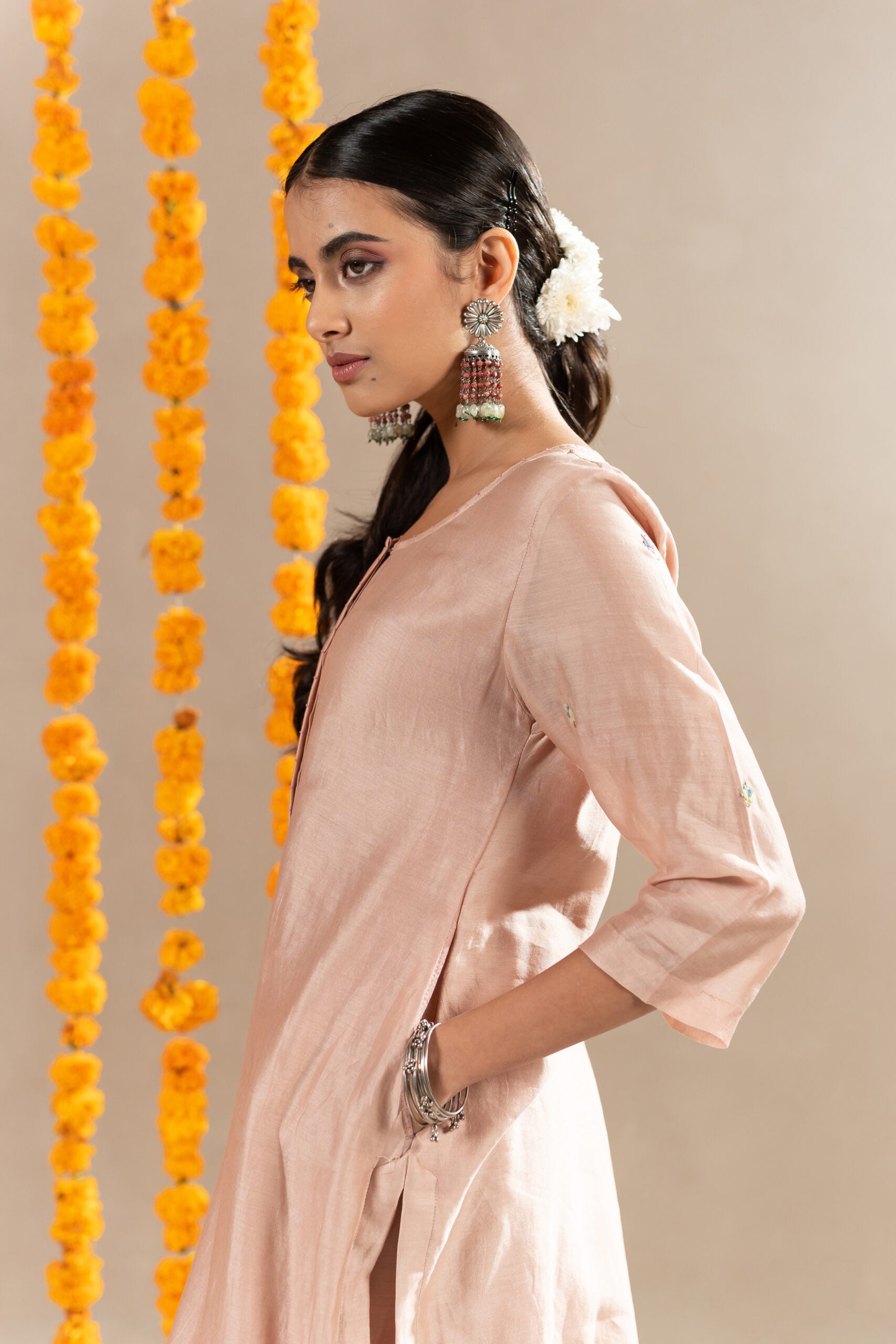 Vaani Chanderi Straight Kurta With Pants - Biscuit Beige