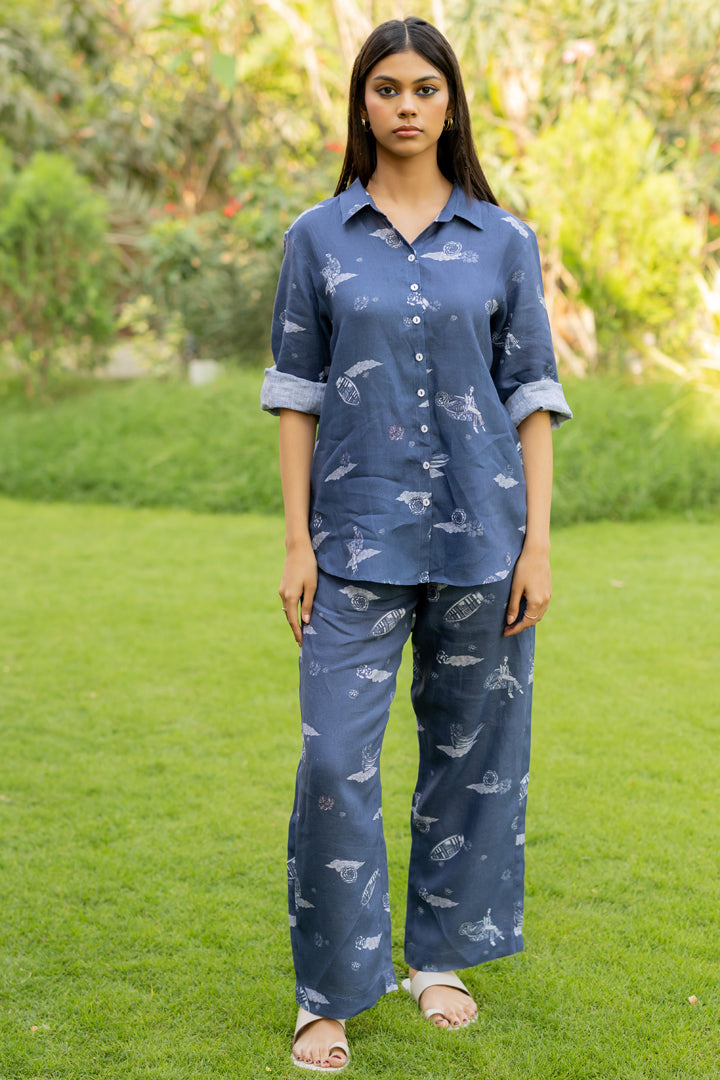 Linen Demi Shirt- Blue Badal Naav