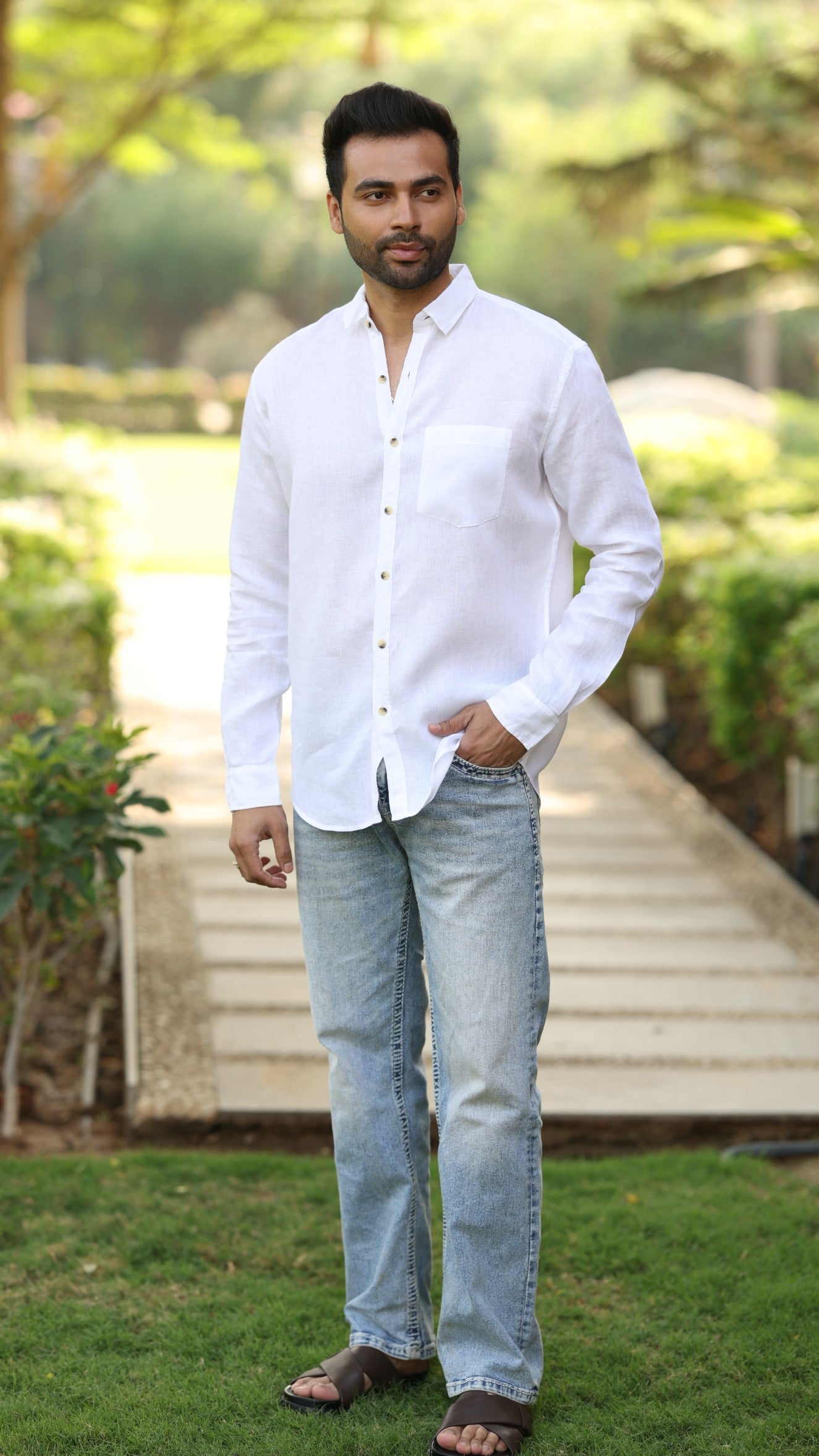 Linen Men Classic Collar Shirt - White
