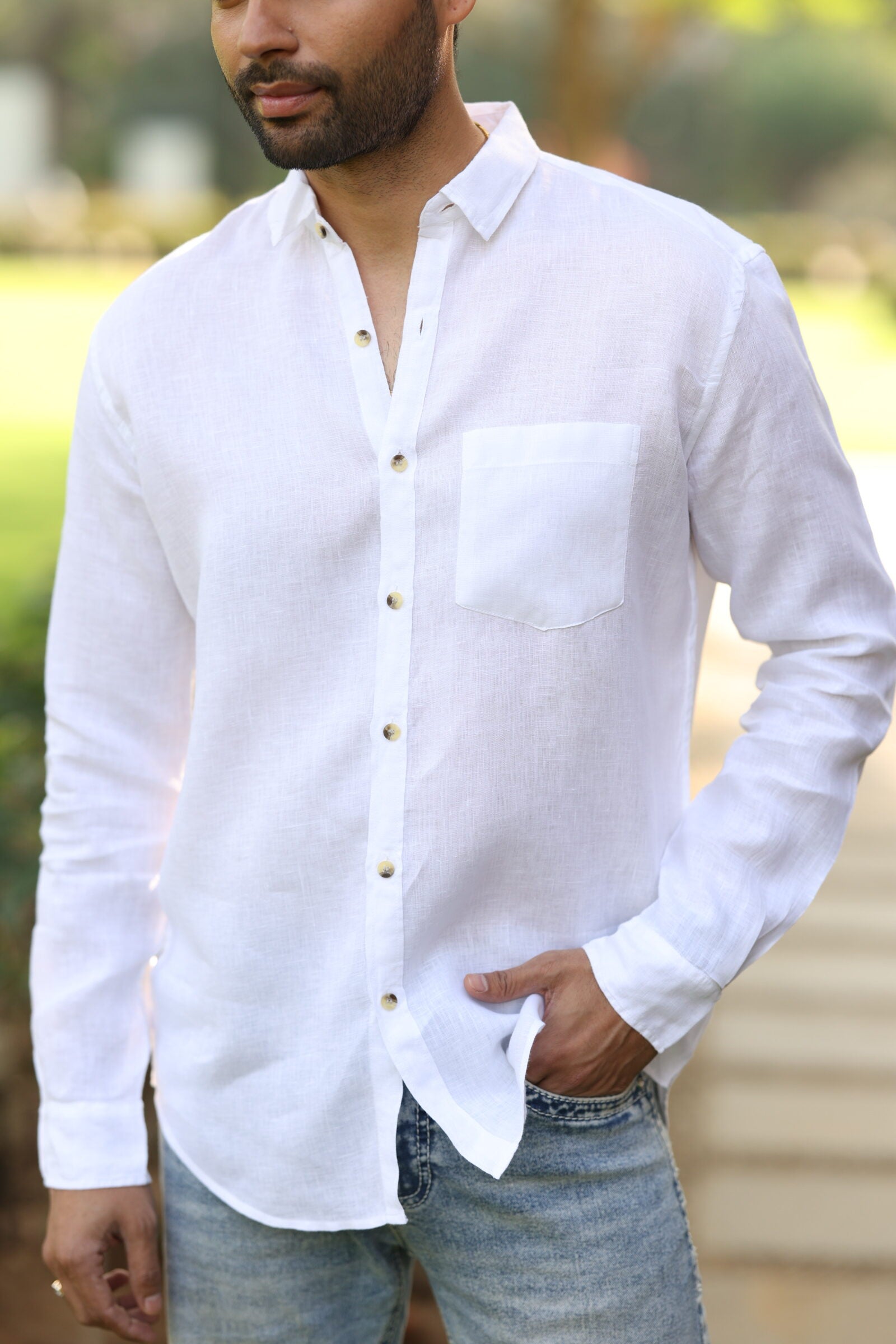 Linen Men Classic Collar Shirt - White