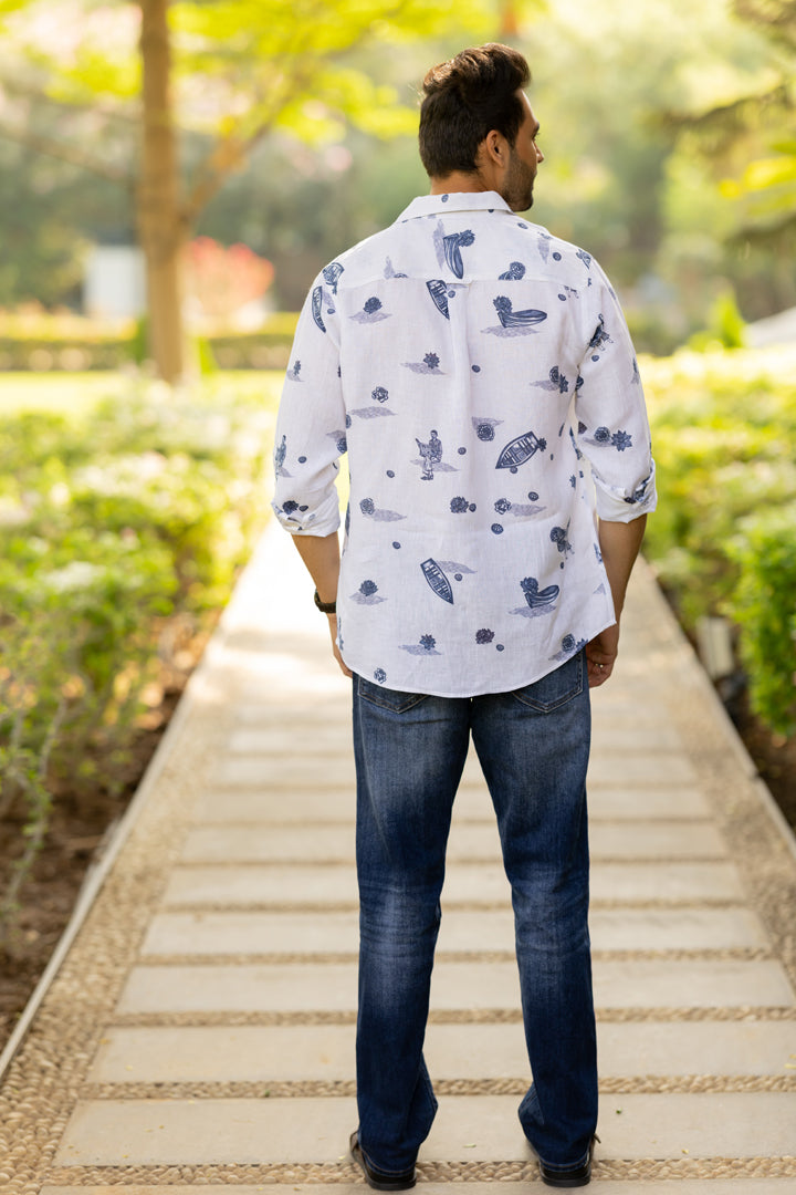 Linen Men Classic Collar Shirt - White Badal Naav