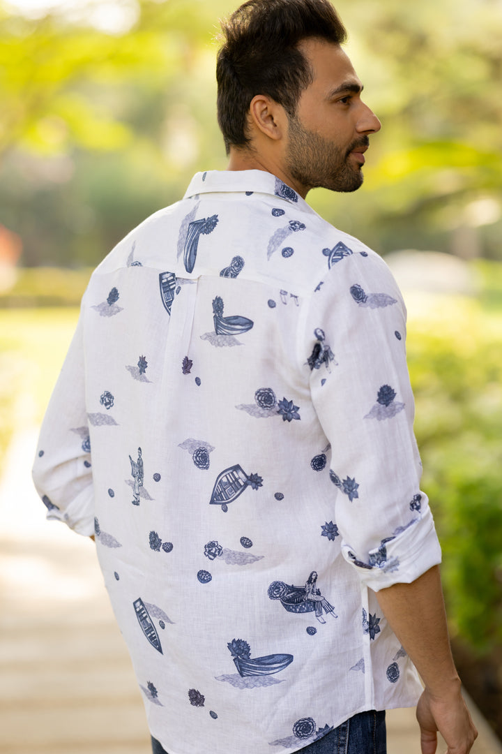 Linen Men Classic Collar Shirt - White Badal Naav