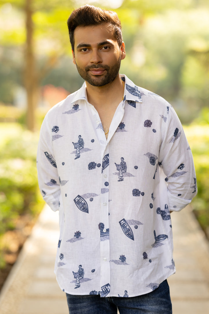 Linen Men Classic Collar Shirt - White Badal Naav