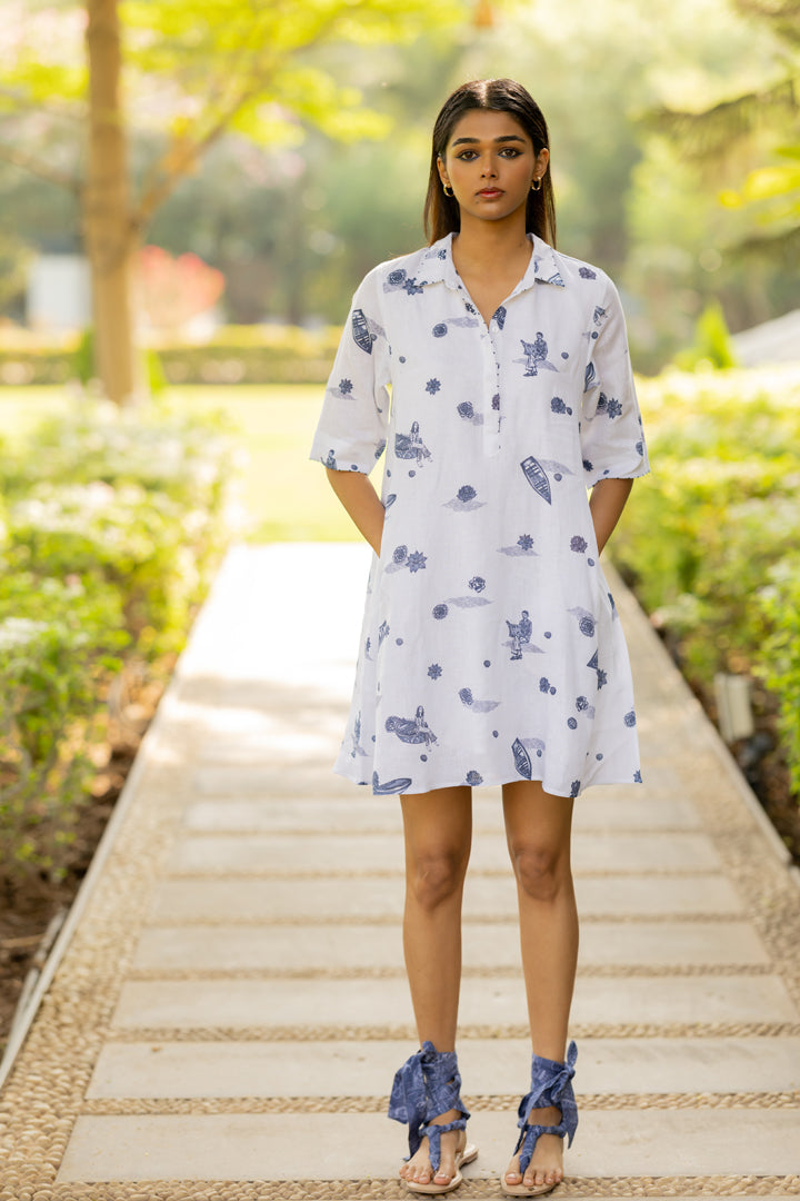 Linen Atoll Dress - White Badal Naav