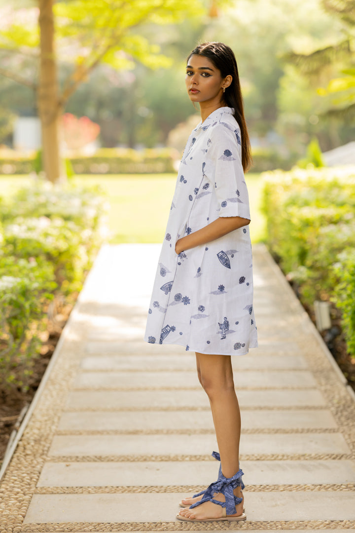 Linen Atoll Dress - White Badal Naav