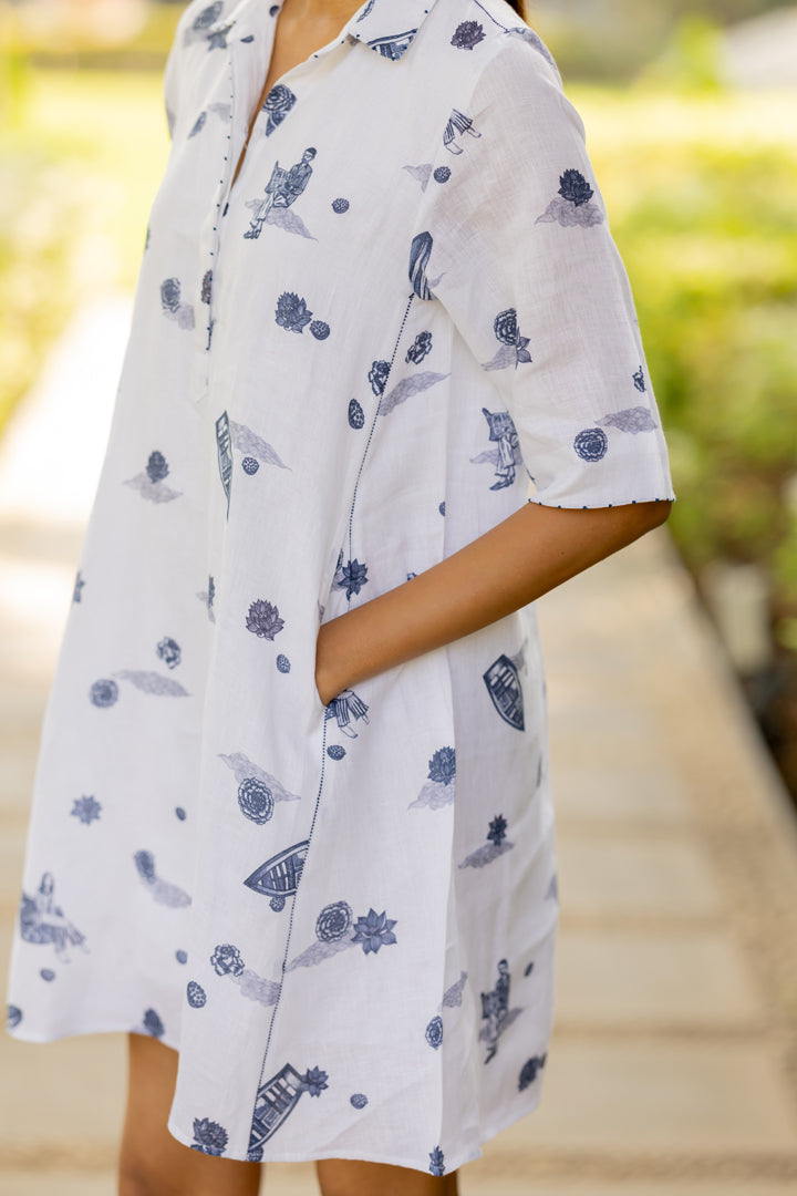 Linen Atoll Dress - White Badal Naav
