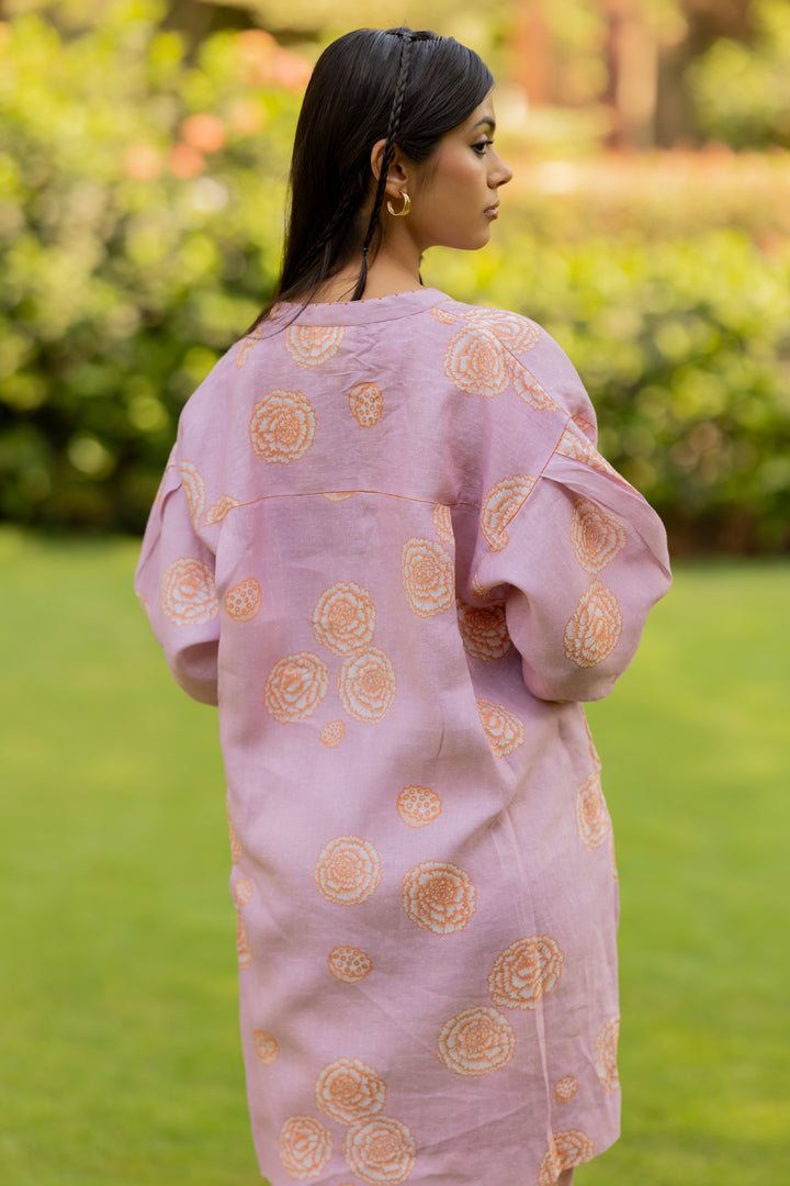 Linen Over sized Short kurta - Pink floral