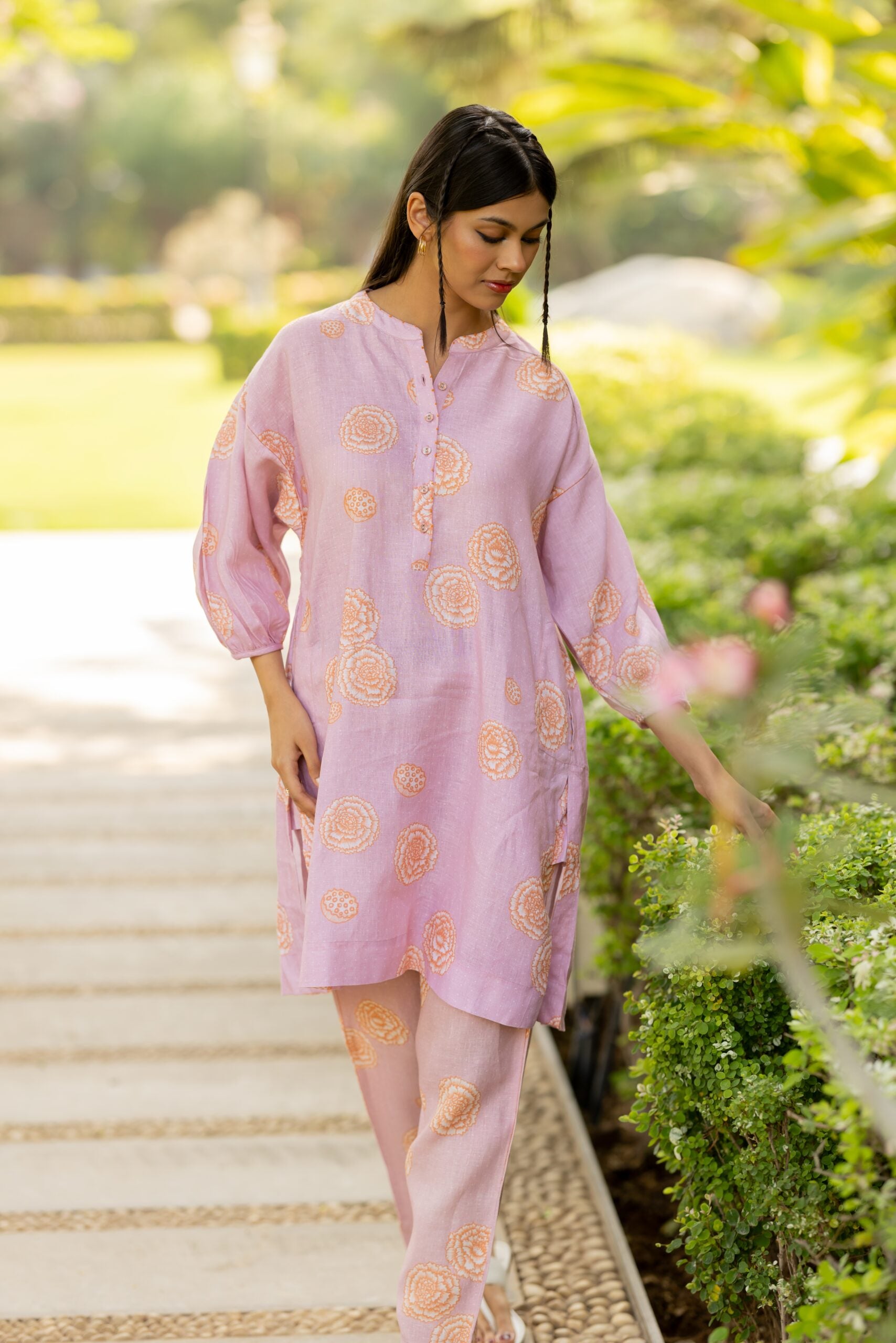 Linen Over sized Short kurta - Pink floral