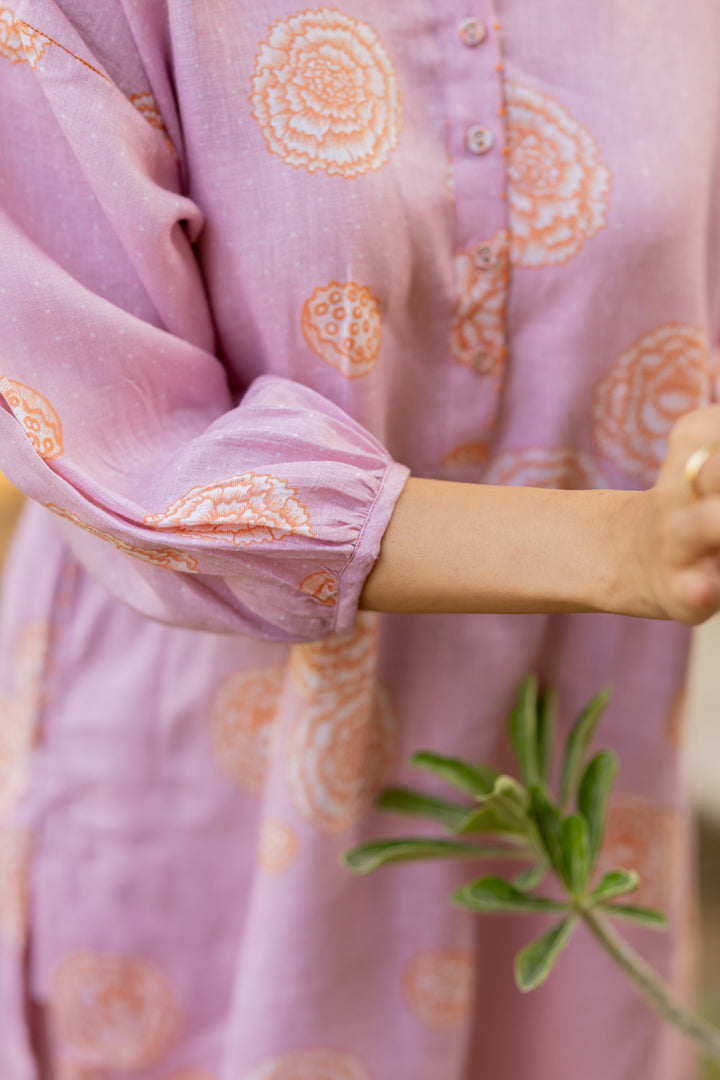 Linen Over sized Short kurta - Pink floral