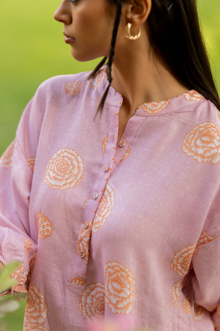 Linen Over sized Short kurta - Pink floral
