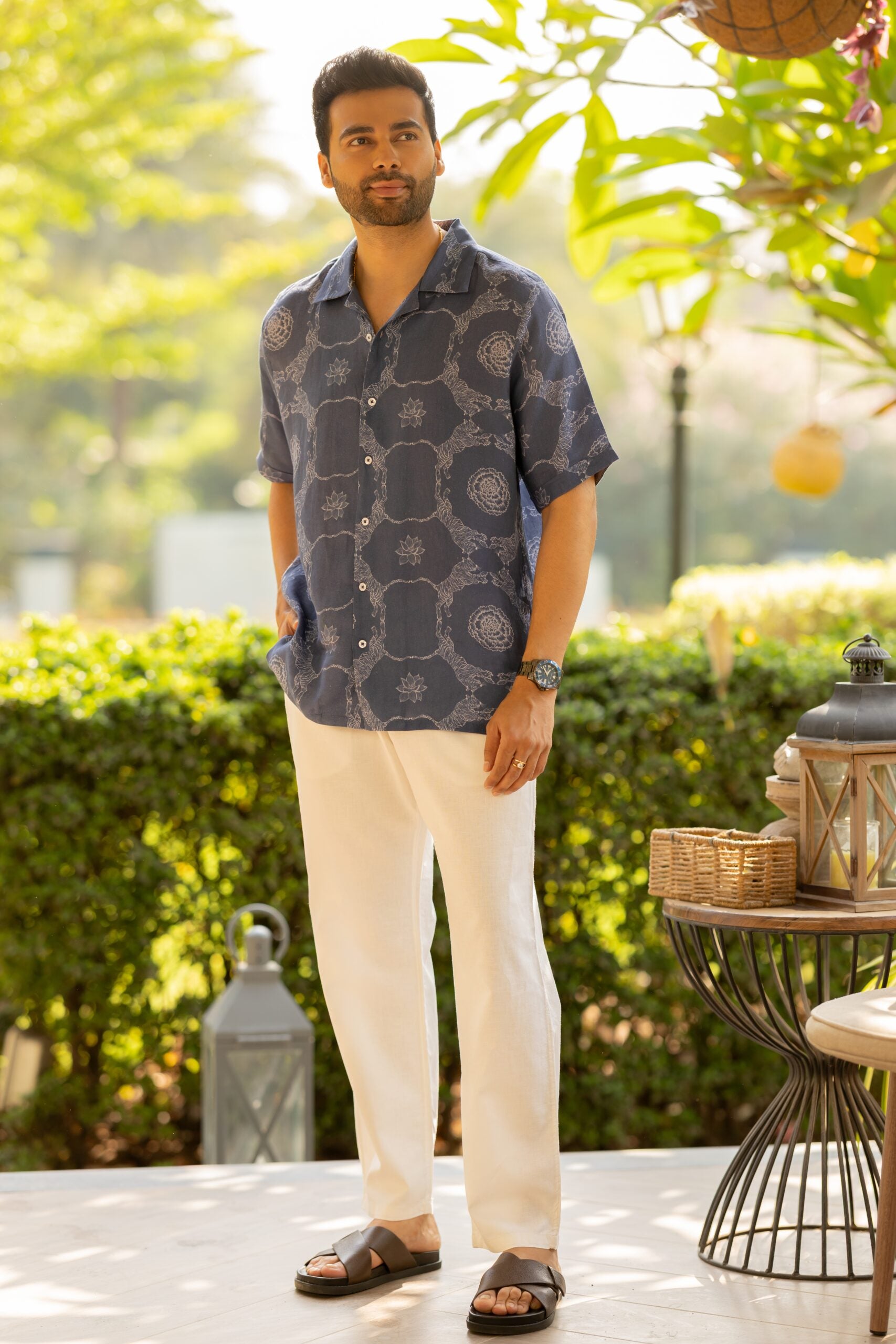Linen Men Shawl Collar Shirt- Blue Tiger