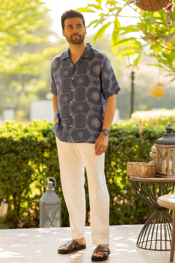 Linen Men Shawl Collar Shirt- Blue Tiger