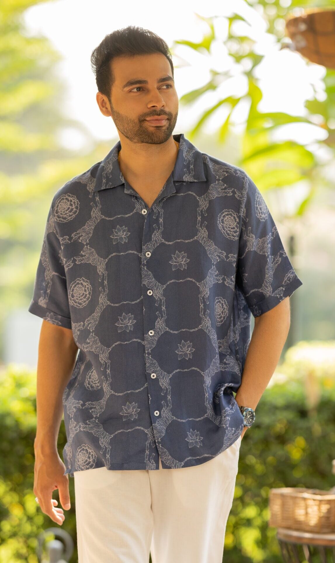 Linen Men Shawl Collar Shirt- Blue Tiger