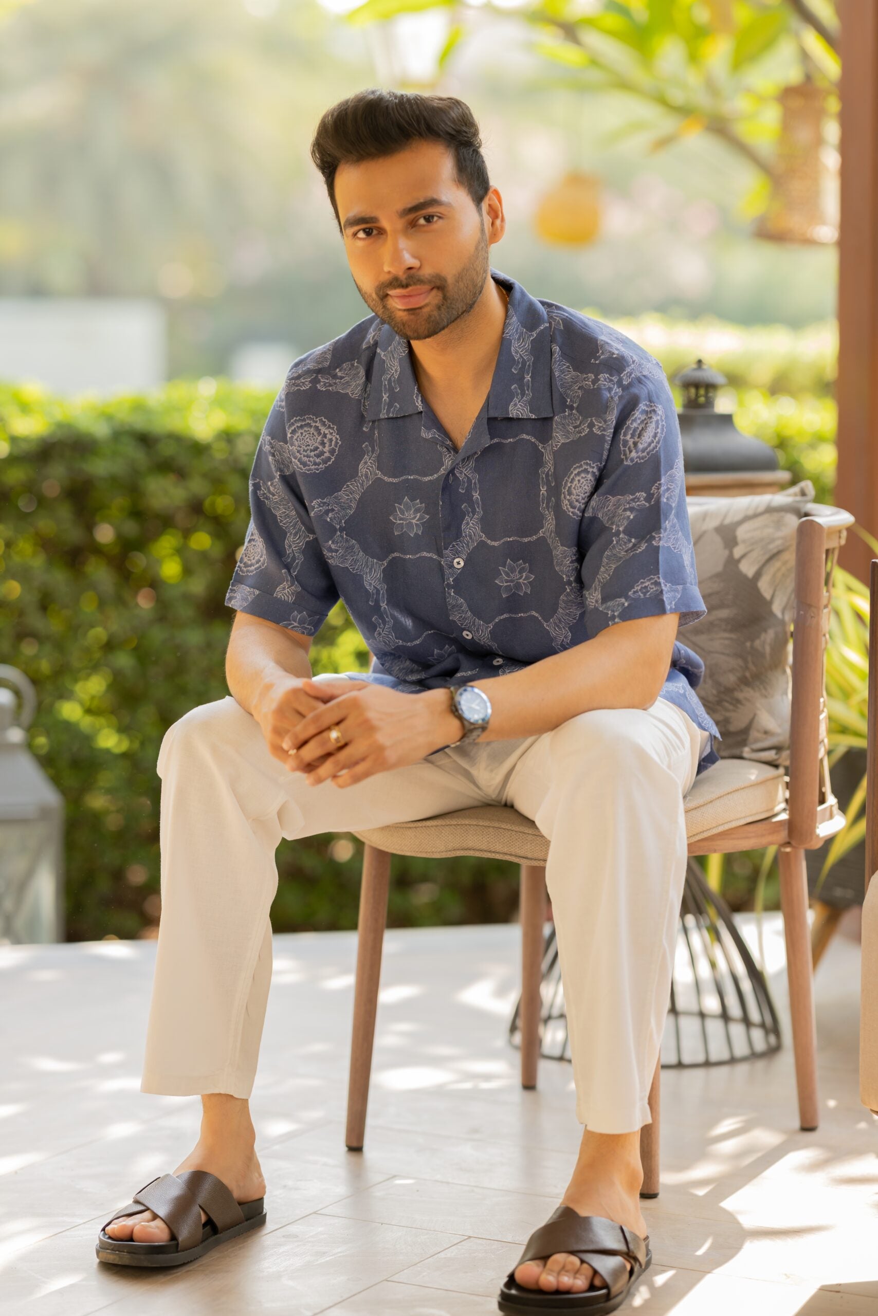 Linen Men Shawl Collar Shirt- Blue Tiger