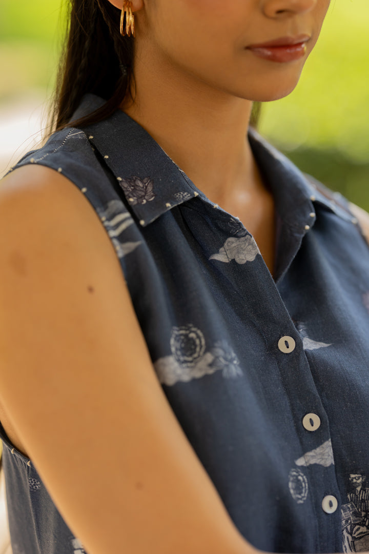 Linen Atoll Dress- Blue Badal Naav