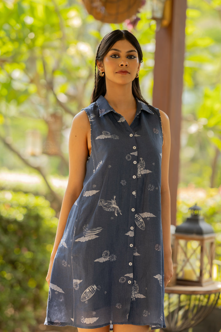 Linen Atoll Dress- Blue Badal Naav