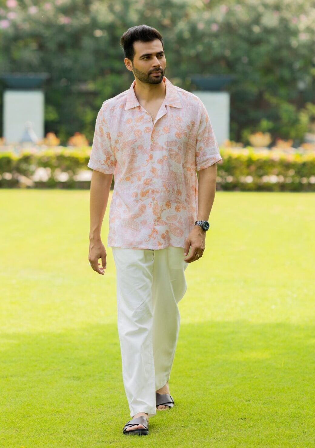 Linen Mens Shirt- Orange Banaras