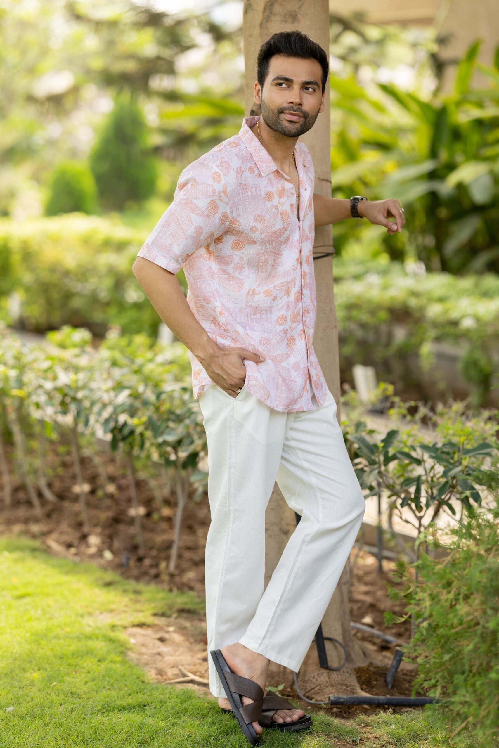 Linen Mens Shirt- Orange Banaras