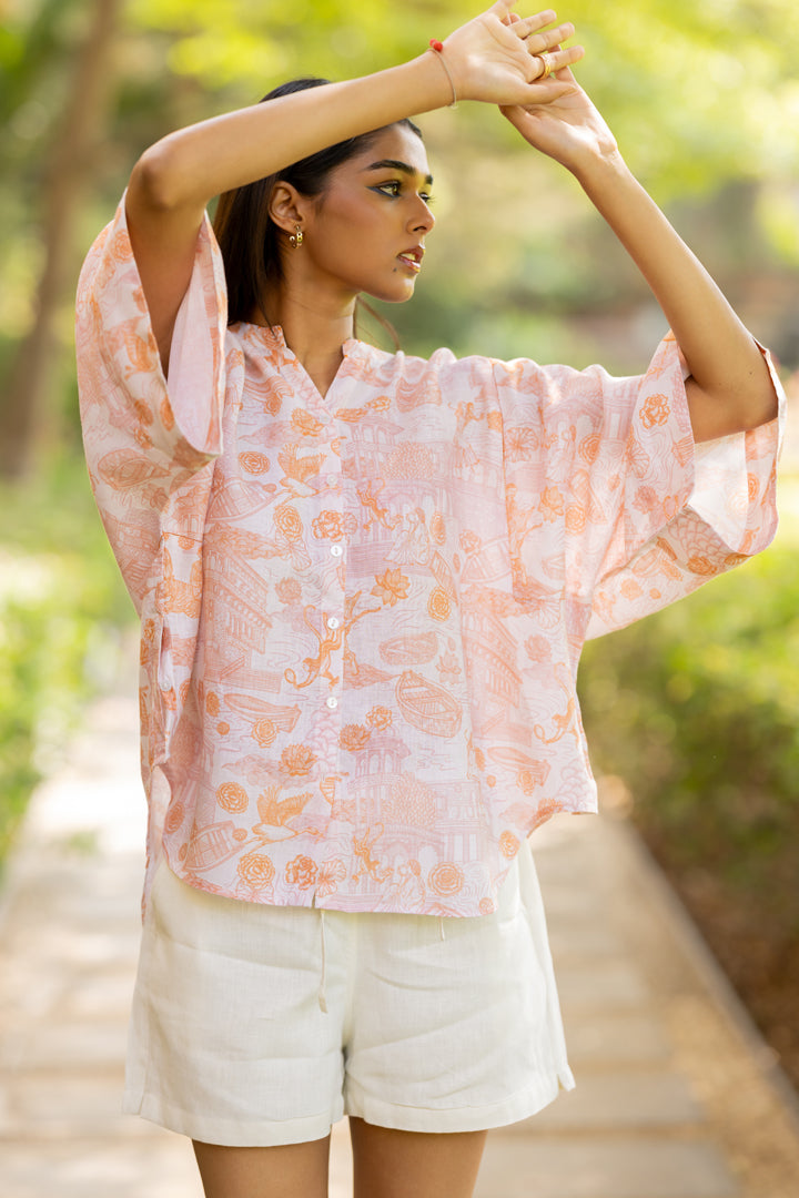 Linen Free Sized Top- Orange Banaras