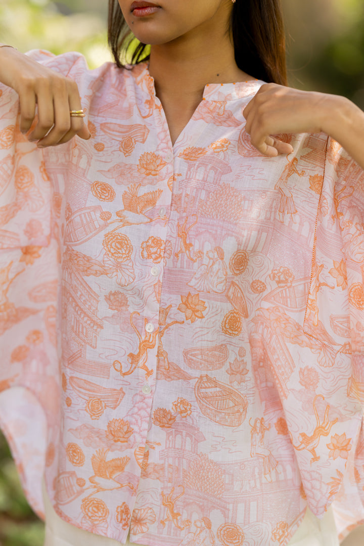 Linen Free Sized Top- Orange Banaras