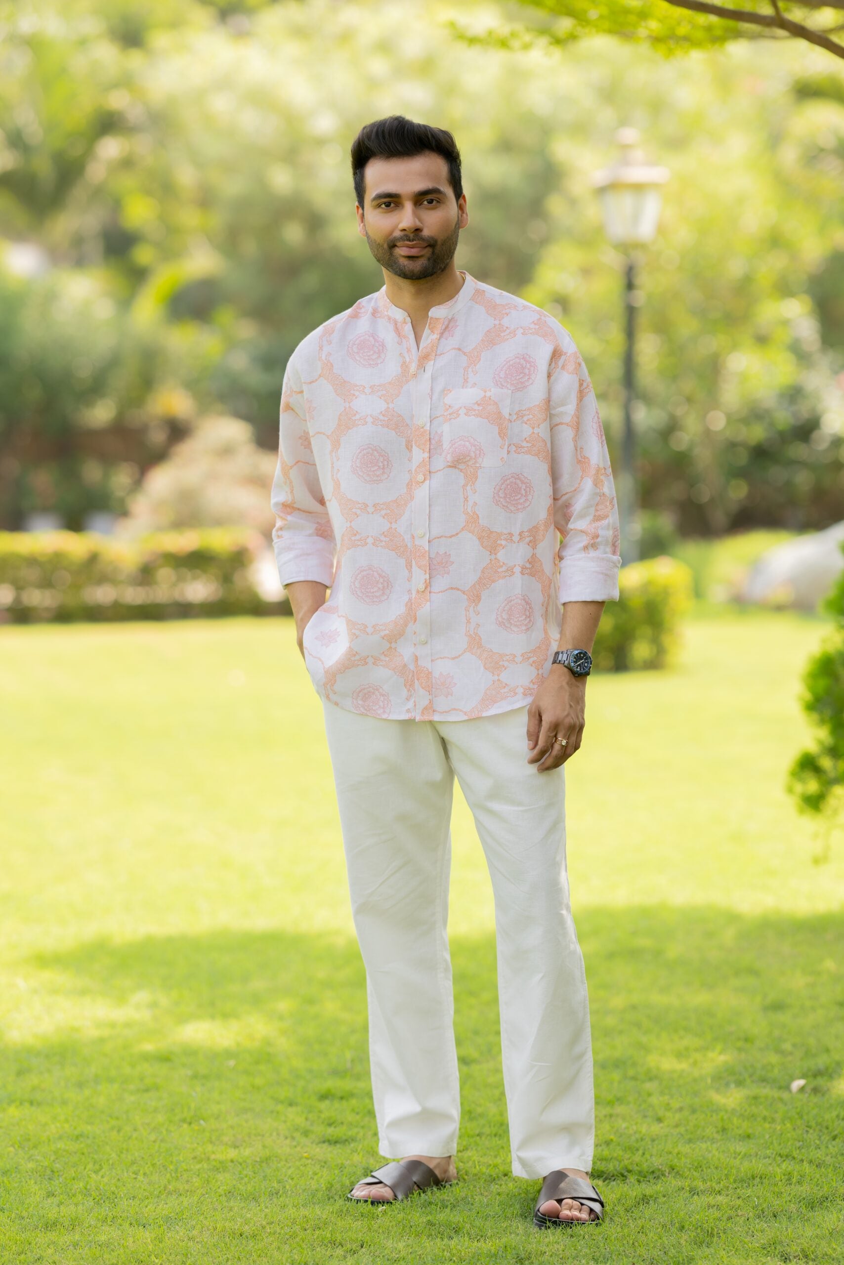 Linen Men Mandarin Collar Shirt - Orange Tiger