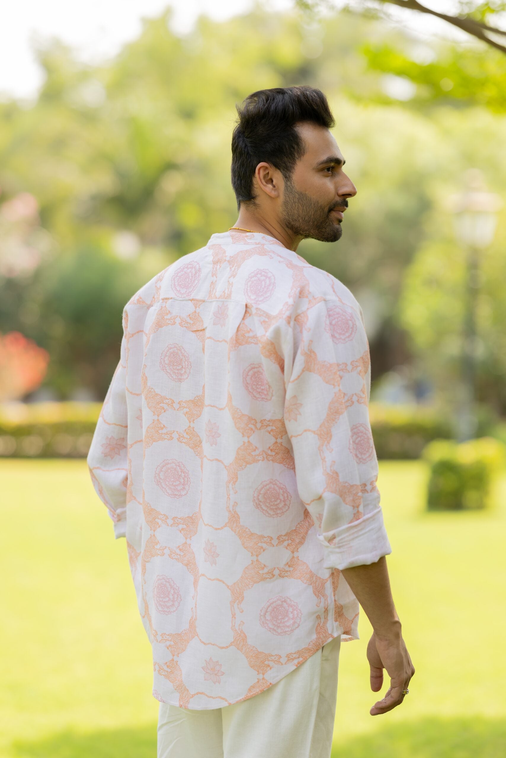 Linen Men Mandarin Collar Shirt - Orange Tiger